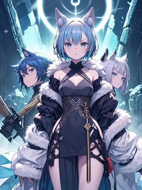 One Girl、Wild、With two wolves、Revealing clothing、Underwear made of fur、Blue Hair、White skin、Short cut bob hair、Be on guard、Winter forest、Fighter、V-shaped eyebrows、