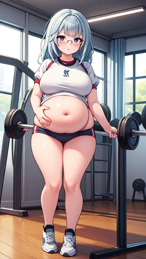 (Full body, glasses), An image of a pregnant girl with her belly on full display wearing gym clothes. She is a very voluptuous lady