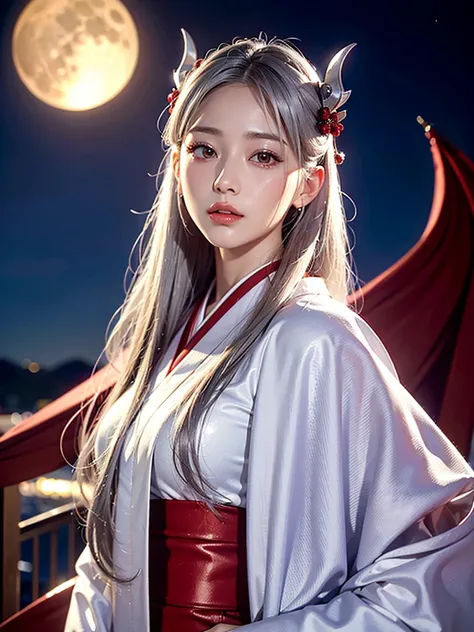 high resolution、high quality、One very beautiful woman、Silver Hair、Smooth long hair、White skin、Red Eyes、Stylish white and red kimono、Beautiful full moon scenery