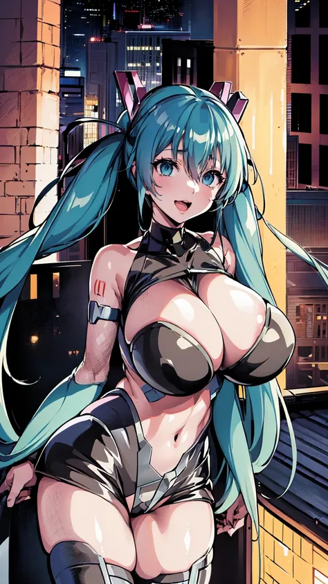 ((Hatsune Miku VOCALOID))、Demon Shinobi、highest quality、１girl, ((Masseter region)), ((High resolution)), ((highest quality)), detailed, (Laughter.very happy,3000 times more sensitive), ((Shiny skin)), (High leg bodysuit:1.2)、girlと, ((Huge 、Light blue hair、...