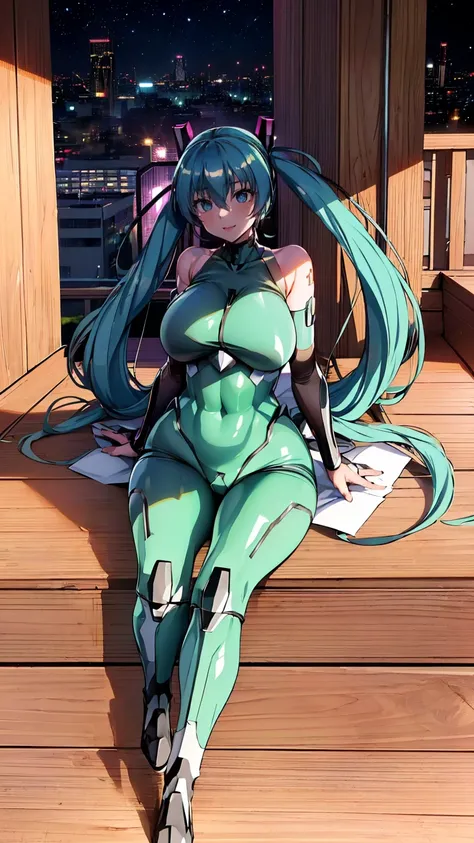 ((Hatsune Miku VOCALOID))、Demon Shinobi、highest quality、１girl, ((Masseter region)), ((High resolution)), ((highest quality)), detailed, (Laughter.very happy,3000 times more sensitive), ((Shiny skin)), (High leg bodysuit:1.2)、girlと, ((Huge 、Light blue hair、...