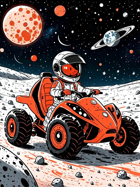 Cartoon hand drawn, A Q-version image with great visual impact，The details are vividly portrayed, Wearing a black visor, Wearing a crisp white suit with red shoulder straps, Cute hero riding a child&#39;Three-wheeled vehicle with large grippy tires, Explor...