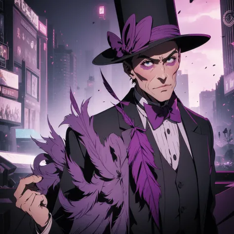 A man wearing a bizarre mask, a monocle, black suit scratches chalk, purple bow tie, black top hat with feather, tall and thin, dark, cinematic lighthing, Epic composition, extremely detailed.