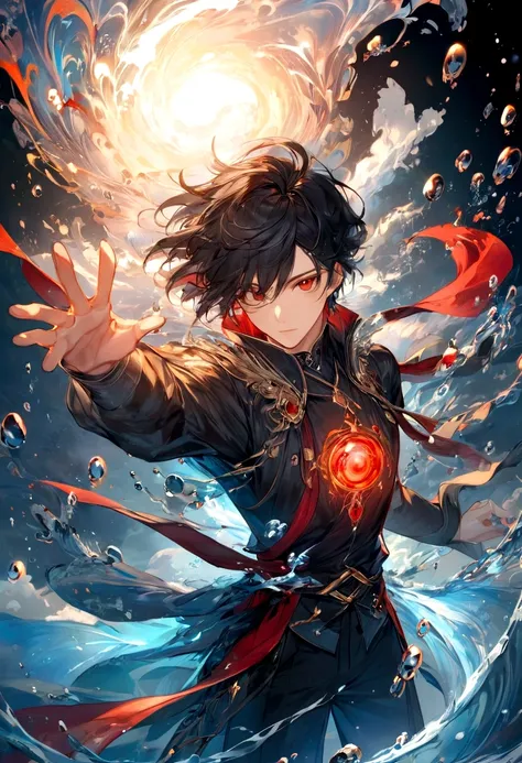 Male, Black Hair, Red Eyes, Element Water