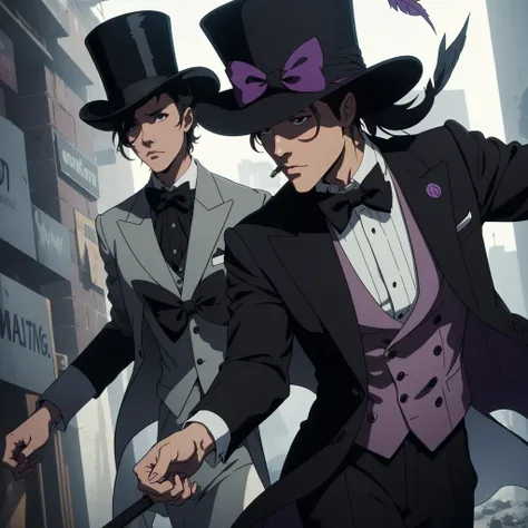 A man wearing a bizarre mask, a monocle, black suit scratches chalk, purple bow tie, black top hat with feather, tall and thin, dark, cinematic lighthing, Epic composition, extremely detailed.