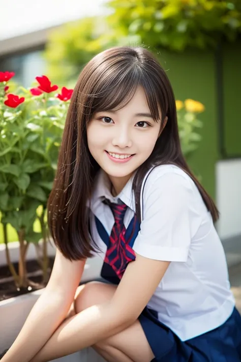 (((full bodyesbian)))、((Girls High School Uniforms))、((１a person))、ponytail、short-hair、Close to the subject、((a school flower beds)))、(((ssmile)))、(((Girls High School)))、((a beauty girl))、((sexy  pose))、Photorealsitic、Beautiful detailed eyes、Hyper-Realism...