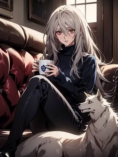 (Confused, High resolution, Very detailed), 1 female, Silver Hair,Long Hair,Reddish brown eyes,Navy blue sweater,Jacket,Black skinny pants,24th generation,beauty,mature,thin,quiet,Calm,talk,sofa,Mug,Navy blue sweater,borzoi