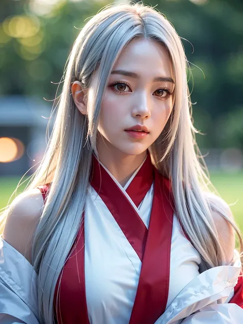 a very beautiful woman with silver hair and smooth long hair, white skin, red eyes, wearing a stylish white and red kimono, in a beautiful full moon scenery, protected by the white big fox god, (best quality,4k,8k,highres,masterpiece:1.2),ultra-detailed,(r...