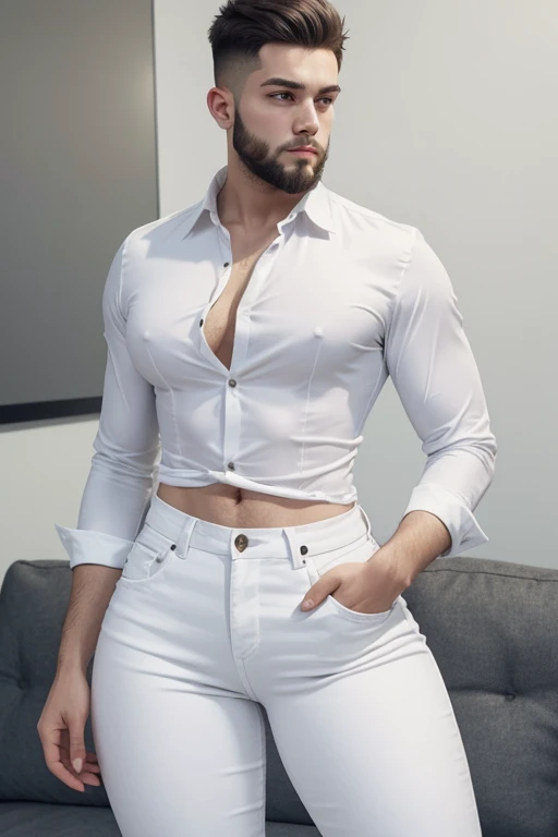 a young man having long legs, thick thighs, large hips, thin and narrow weist, big large feminine breasts, wearing tight white jeans and formal shirt, very small spikey boyish haircut, man , wide hips, bearded man 