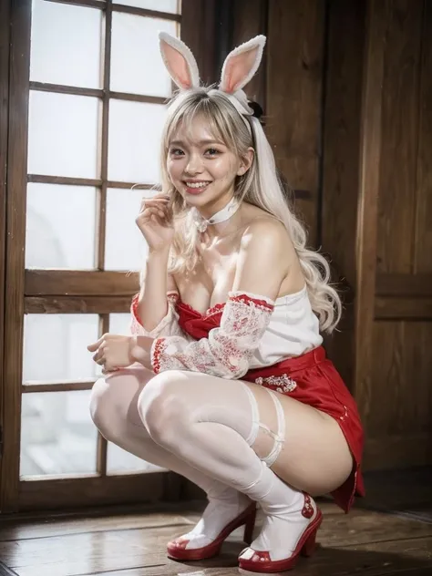 (best quality,4k,8k,highres,masterpiece:1.2),ultra-detailed,(realistic,photorealistic,photo-realistic:1.37), ((Smiling, showing beautiful white teeth:1.5)), ((Squat:1.4)), BREAK (white and red theme:1.4), (white hair band with fake white rabbit ears:1.4), ...