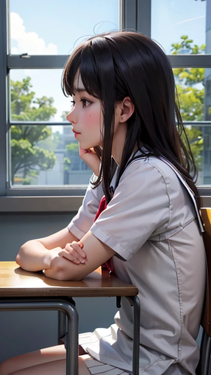 high school girl、classroom、Window seat、Upper Body、Daytime、Sitting with a sullen face、Elbows on the desk、profile