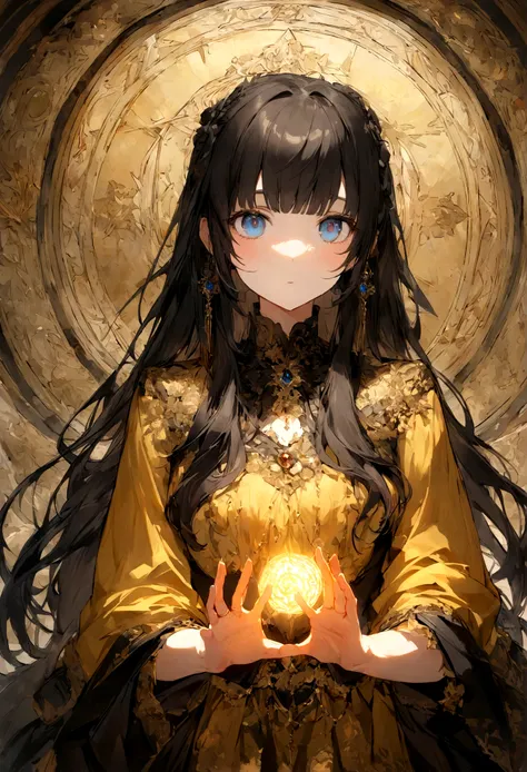 8K、Ultra HD、anime、（A very beautiful female character with beautiful features）、（（Beautiful clear blue eyes））、Beautiful long hair、Messy bangs、Depiction of the upper body、（（（Beautiful long thin fingers）））、（（（Prayer Pose）））、（（Wearing a glittering golden outfit...