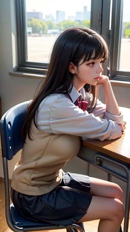 high school girl、classroom、Window seat、Upper Body、Daytime、Sitting with a sullen face、Elbows on the desk、profile