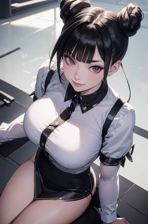 juri han, work of art, tight white secretary shirt with black tie, black high waist skirt, short skirt,stocking, black hair, black tights,evil smile,office,franja nos olhos,lighting,chifre de cabelos,view from above,olhando para cima
