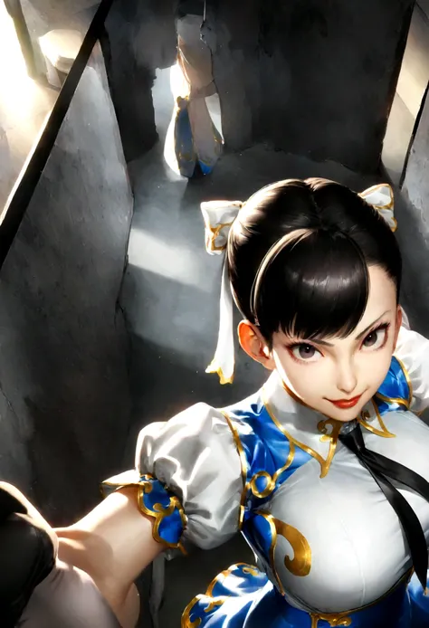 chun li, work of art, tight white secretary shirt with black tie, black high waist skirt, short skirt,stocking, black hair, black tights,evil smile,office,franja nos olhos,lighting,chifre de cabelos,view from above,olhando para cima
