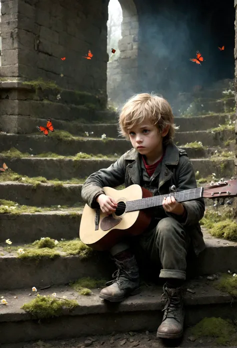 cannon fire，War，war，Thick smoke，Little boy playing guitar in ruins, depressed, Eyes gaze，Dirty face，desolate, moss covered, Dilapidated, dirty, (best quality,4k,8K,High resolution,masterpiece:1.2),Extremely detailed,(Practical,photoPractical,photo-Practica...