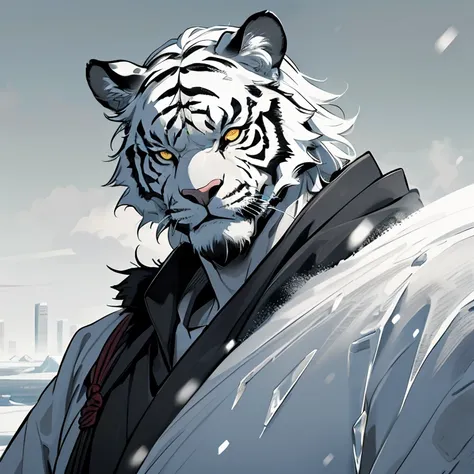 (White skinTiger),(Black and white yin and yang general battle robe),(Holding a long sword),力strong姿勢,Standing quietly,(The background is a city covered in ice and snow:1.2),(abdominal logics),Heroic Posture,A perfect masterpiece,Various facial details,Dis...