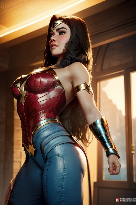 Realistic, Natural Beauty, Masterpiece, Hailee Steinfeld, Perfectly Accurate Face Proportion, Realistic Light Blue Eyes, Thick Eyebrows, Wonder Woman, Wonder Woman Tiara, Curve Wide Hips, Round Ass, Toned Thighs, Toned Arms, Grin On Her Face, With her gold...