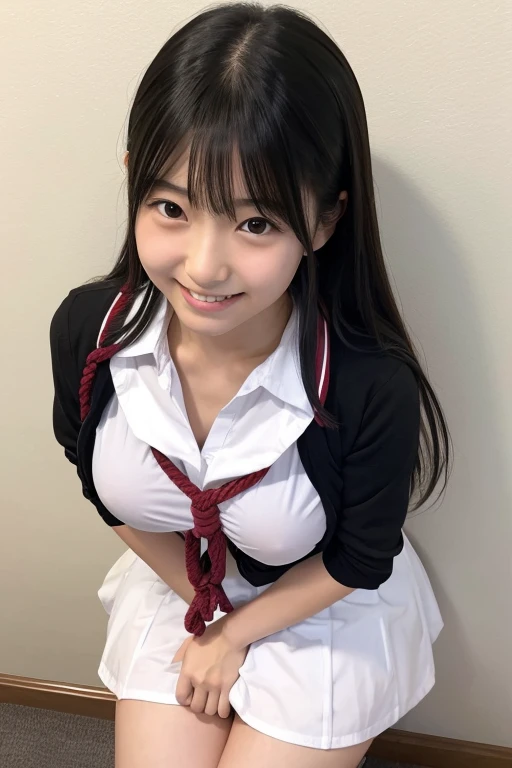 Japanese high school girl, small breasts, cute, neat, serious, honor student, in front of a white wall, cute woman, cute face, looking up, smile, half-open, cute Japanese woman, figure, realistic, erect, slender figure, color Black but with sunburn marks o...