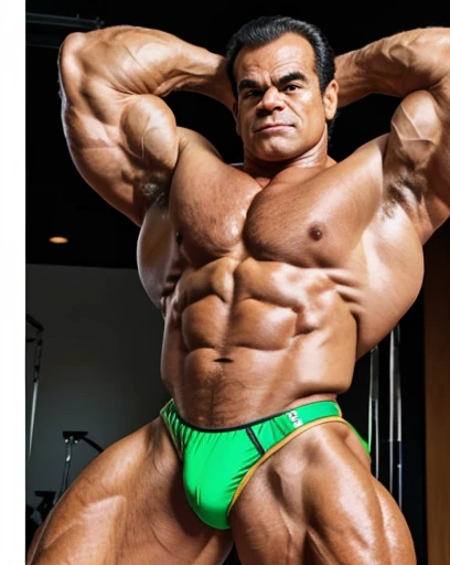 A ((powerful bodybuilder, as bodybuilder Franco Columbu)), ((aged 60 years old)), ((exaggerated muscular thick body physique and pumpes veins)) clad in (thong outfit) exuding confidence as he strikes a astonishing chest bodybuilder pose. ((His body is real...