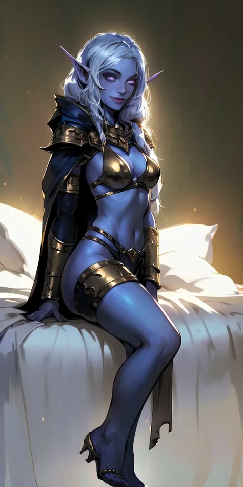 (1solofemale drow dark elf sleep on bed rear angle fullbody, bedroom background)(smile) Gray skin, pale golden hair and violet eyes. She prefers slingshot bikini with cloaks of deep blue or purple, ((very precise detailed)) ((high res) golden bracers (plai...