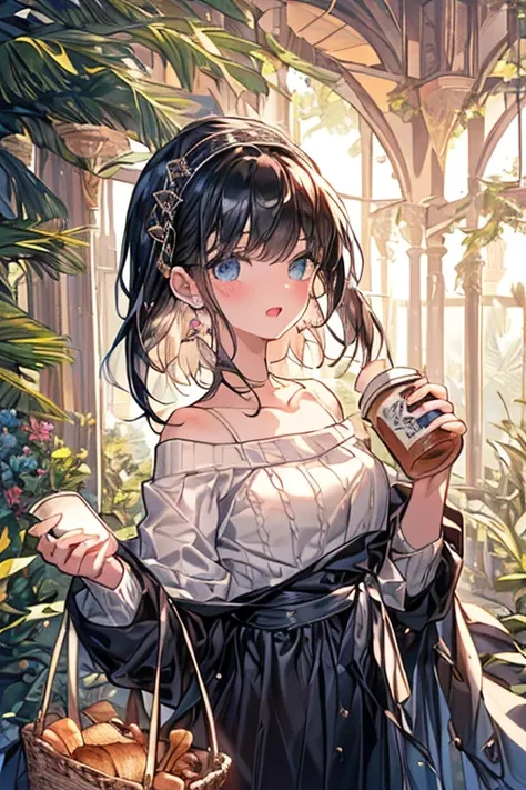 (perky chest:1.2), (pointed chest:1.2),(((Black Tunic:1.3))),(((cakes and bread in the basket),Cute and beautiful girl,Cute round face,Cute smile,with blush cheeks,Red Lip,solo, looking at viewer, open mouth, have a cute grass of cute beergrass,black hair,...