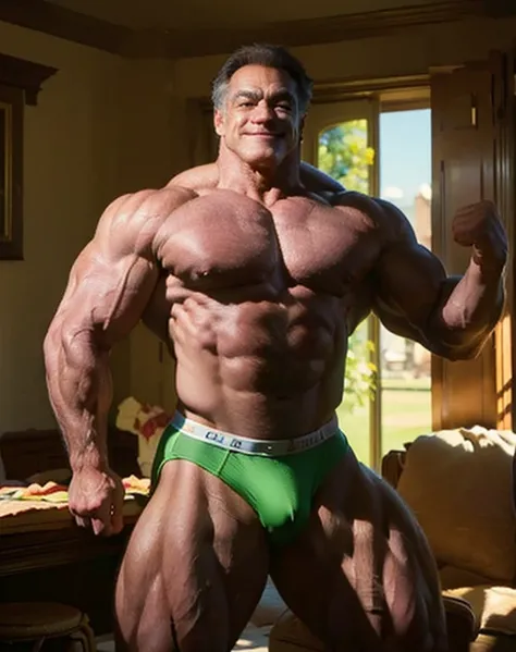 A ((powerful bodybuilder, as bodybuilder Franco Columbu)), ((aged 60 years old)), ((exaggerated muscular thick body physique and pumpes veins)) clad in (thong outfit) exuding confidence as he strikes a astonishing opened arms bodybuilder pose. ((His body i...