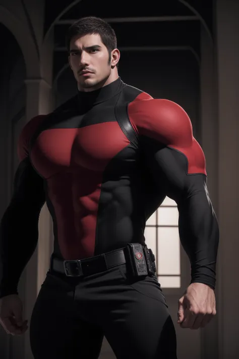 super muscular man,  open mouth and scream，buzz cut，in a luxurious and noble mansion, wear a long-sleeved red and black collar t...