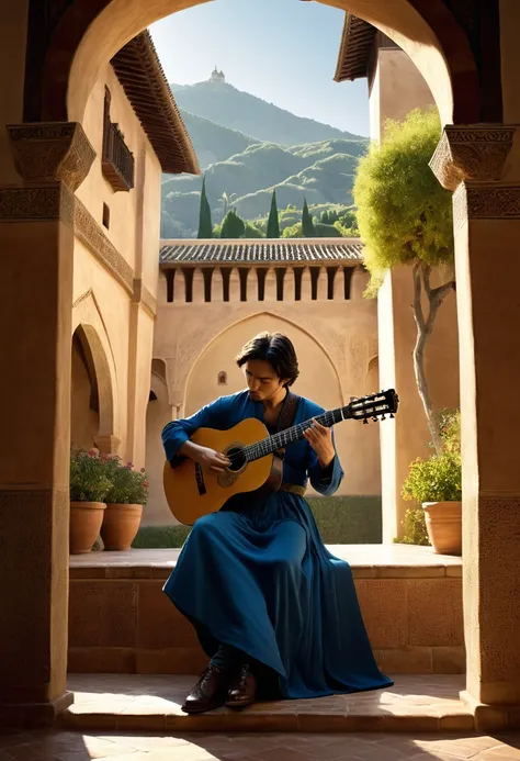 guitarist_Tarrega、Guitar playing、At the Alhambra、Reality、Romance、Fantasy、Dramatic lighting, Structure of the film, highest quality, masterpiece、Fantasy Landscape, Detailed guitar,  Dramatic atmosphere, Calm colors, Detailed facial features, 