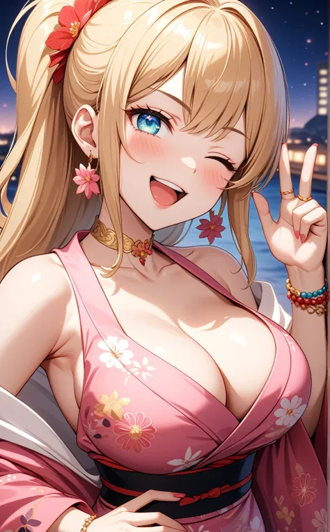 ((one personの女性)), Beautiful Face,(a woman making a peace sign. She is forming a peace sign with one hand and smiling at the camera), Laughing embarrassedly,((Wink:2.0)),Laughing with your mouth open,((Red cheeks:1.3)),Light comes from an angle,Glossy pink...