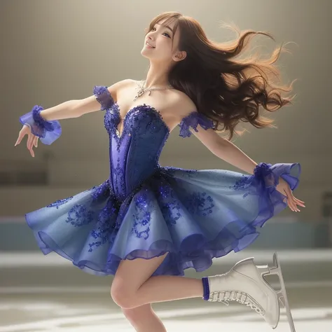 Photo-realistic quality、20-year-old Japanese idol in a short dress figure skating on the rink、Wearing skates, Beautiful Japanese Model,Smile like the Mona Lisa、 Detailed and beautiful eyes、Cute smile、A soft and gentle look、looking at the camera、