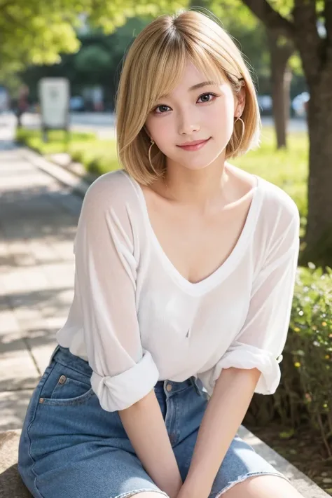 Japanese,(detailed aspects)、Genuine、Photographed in natural light、Highly detailed face and skin texture、Highly detailed lips、The correct state of the human body、 Japan Woman,Baby Face,Innocent face,Blonde Bob,Slender figure,university student,Simple,Droopy...