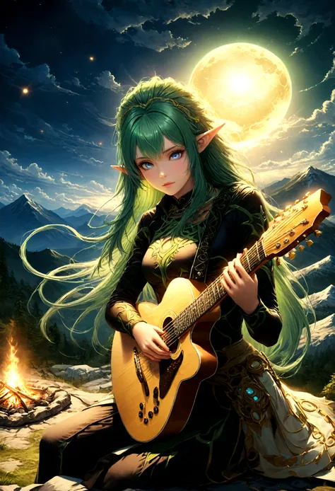 fantasy art, rpg art, a female elf playing (aether guitar: 1.3), she sits on the top of the mountain at night, exquisite beautif...