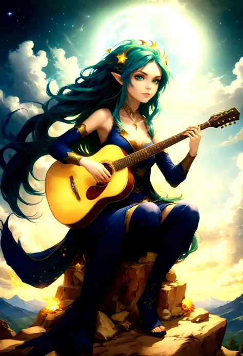 fantasy art, rpg art, a female elf playing (aether guitar: 1.3), she sits on the top of the mountain at night, exquisite beautif...