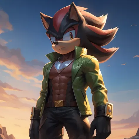 shadow the hedgehog, drip jacket, gigachad, looking to the left, masterpiece, uhd