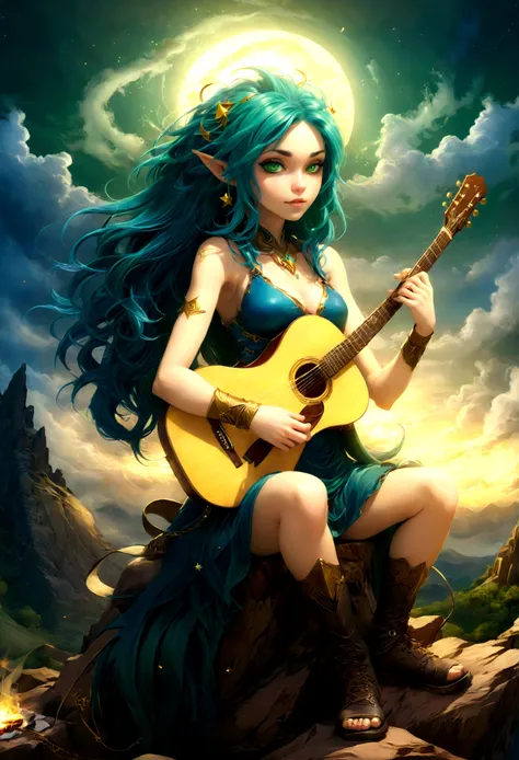 fantasy art, rpg art, a female elf playing (aether guitar: 1.3), she sits on the top of the mountain at night, exquisite beautif...