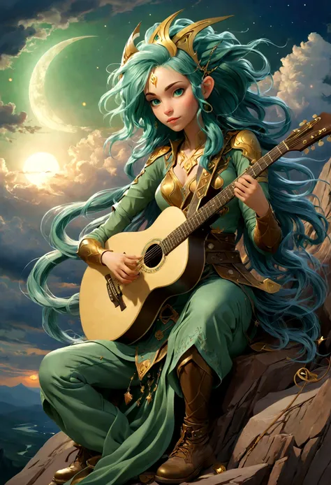 fantasy art, rpg art, a female elf playing (aether guitar: 1.3), she sits on the top of the mountain at night, exquisite beautif...