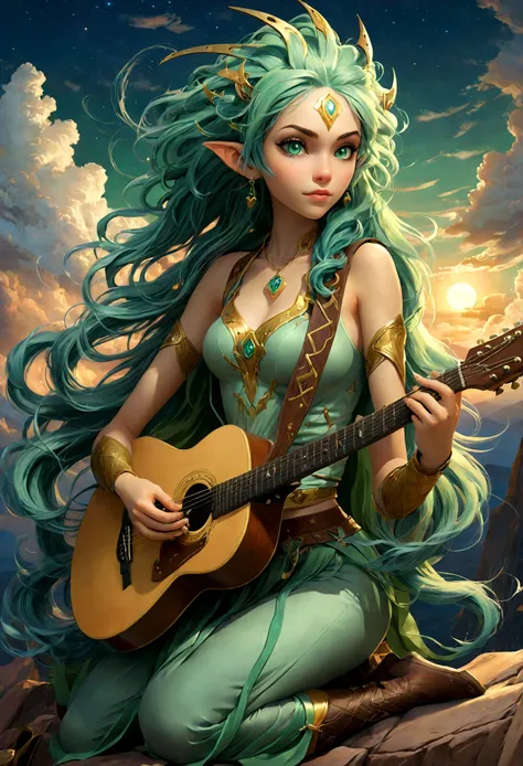 fantasy art, RPG art, a female elf playing (aether guitar: 1.3), she sits on the top of the mountain at night, exquisite beautiful female elf, (green hair: 1.4), long hair, (blue eyes: 1.30, wearing dynamic clothing, playing (aether guitar: 1.3) aetherpunk...