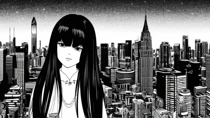 1girl, expressive black eyes, black hair, black patterned clothes dress, big city in sunset in background, detail richness, mast...