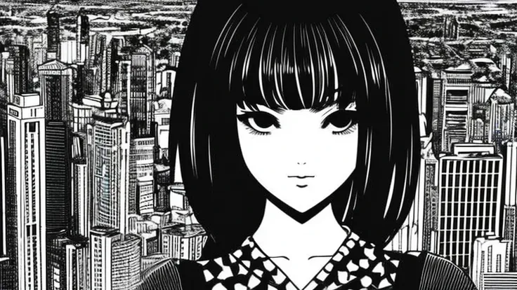 1girl, expressive black eyes, black hair, black patterned clothes dress, big city in sunset in background, detail richness, masterpiece, best quality, Junji Itō style, black and white art