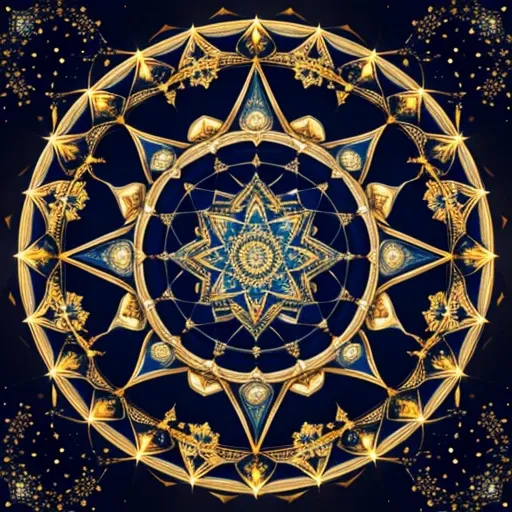 
A beautiful mandala that is starting from a six pointed star in centre, growing in white and blue marble flecked with gold, shining bright, growing in symmetrical designs and arabesques, digital art, masterpiece, highly detailed, 4k resolution, abstract a...