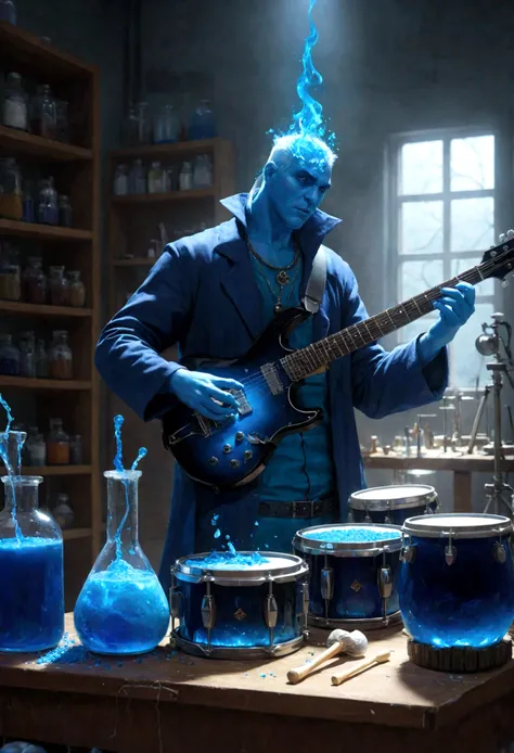 Sucrose in his laboratory, with music guitars and drums, to make a blue potion