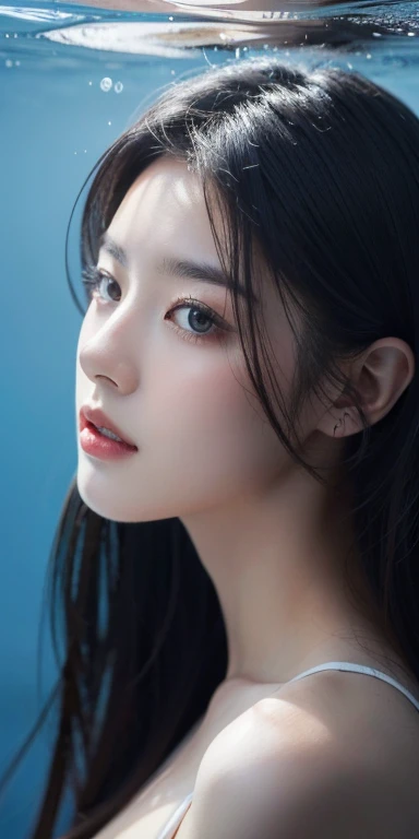 gufeng,Bare shoulders,best quality，masterpiece，Ultra-high resolution，Clear face,（realism：1.4），RAW photos，Cold Light，Woman underwater，Full body image，Wallpaper Anime Blue Water，Gurwitz-style artwork，A close-up fantasy of water magic，author：Yang Jie，Gurwitz，...