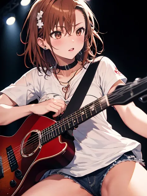 Misaka Mikoto、guitarist、stage、UHD, retina, masterpiece, ccurate, anatomically correct, textured skin, super detail, high details, high quality, best quality, highres, 4K