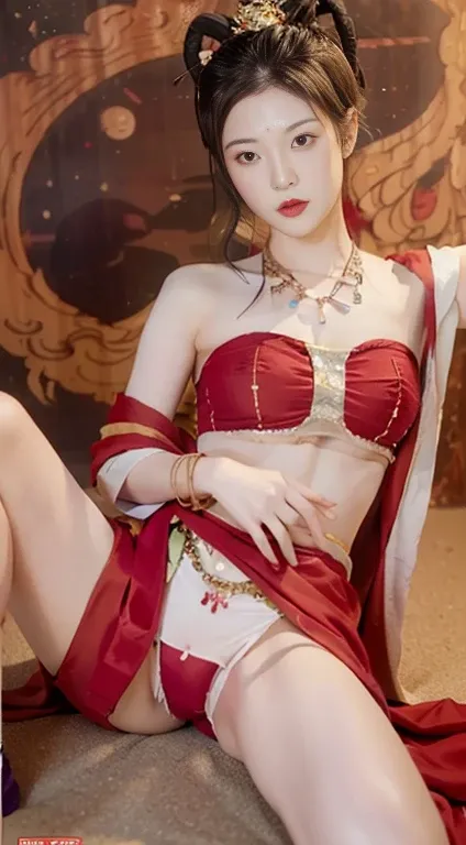 (8k, RAW Photos, highest quality, masterpiece:1.2), (Realistic, photo-Realistic:1.4), (Highly detailed CG Unity 8k wallpaper), (1 girl:1.5), Western Beauty, (Red clothes: 1.4), Red spots on the forehead, Pale skin, blush, Big eyes, whole body, Thighs, Open...