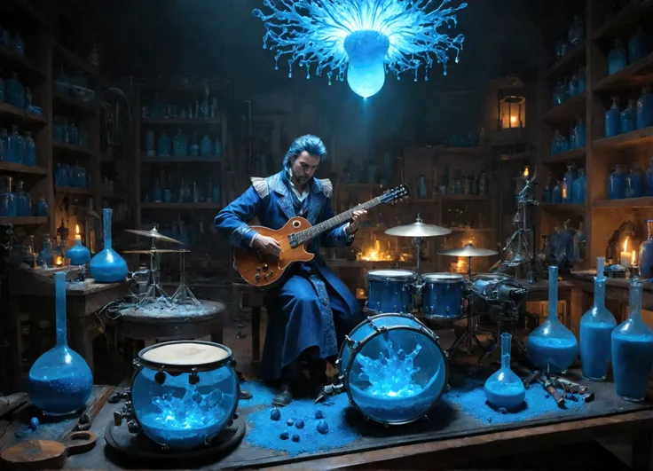 Sucrose in his laboratory, with music guitars and drums, to make a blue potion