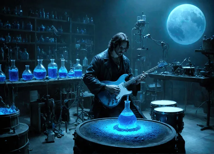 Sucrose in his laboratory, with music guitars and drums, to make a blue potion