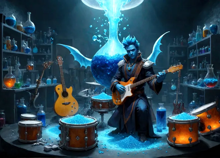 Sucrose in his laboratory, with music guitars and drums, to make a blue potion