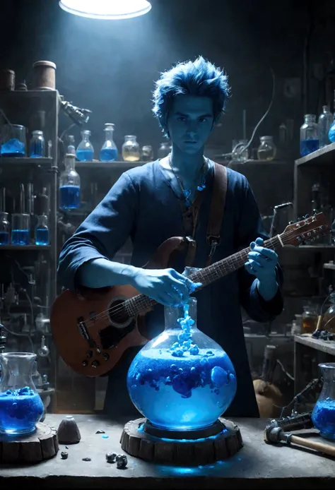 Sucrose in his laboratory, with music guitars and drums, to make a blue potion