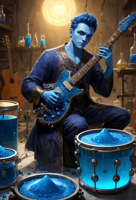 Sucrose in his laboratory, with music guitars and drums, to make a blue potion